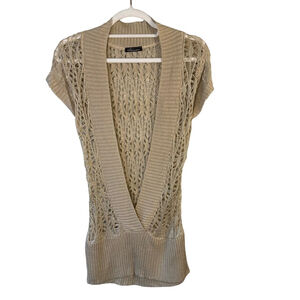 Seduction Y2K Beige Knit Deep V-Neck Short Sleeve Sweater Size XS S Boho Neutral